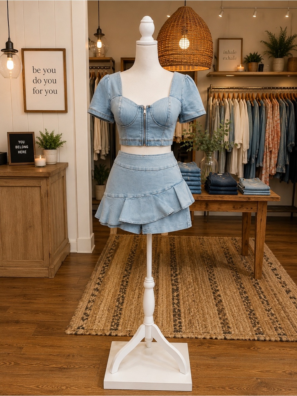 Melrose With Love Denim Bustier Crop Top & Ruffle Skort Set NWT S M L